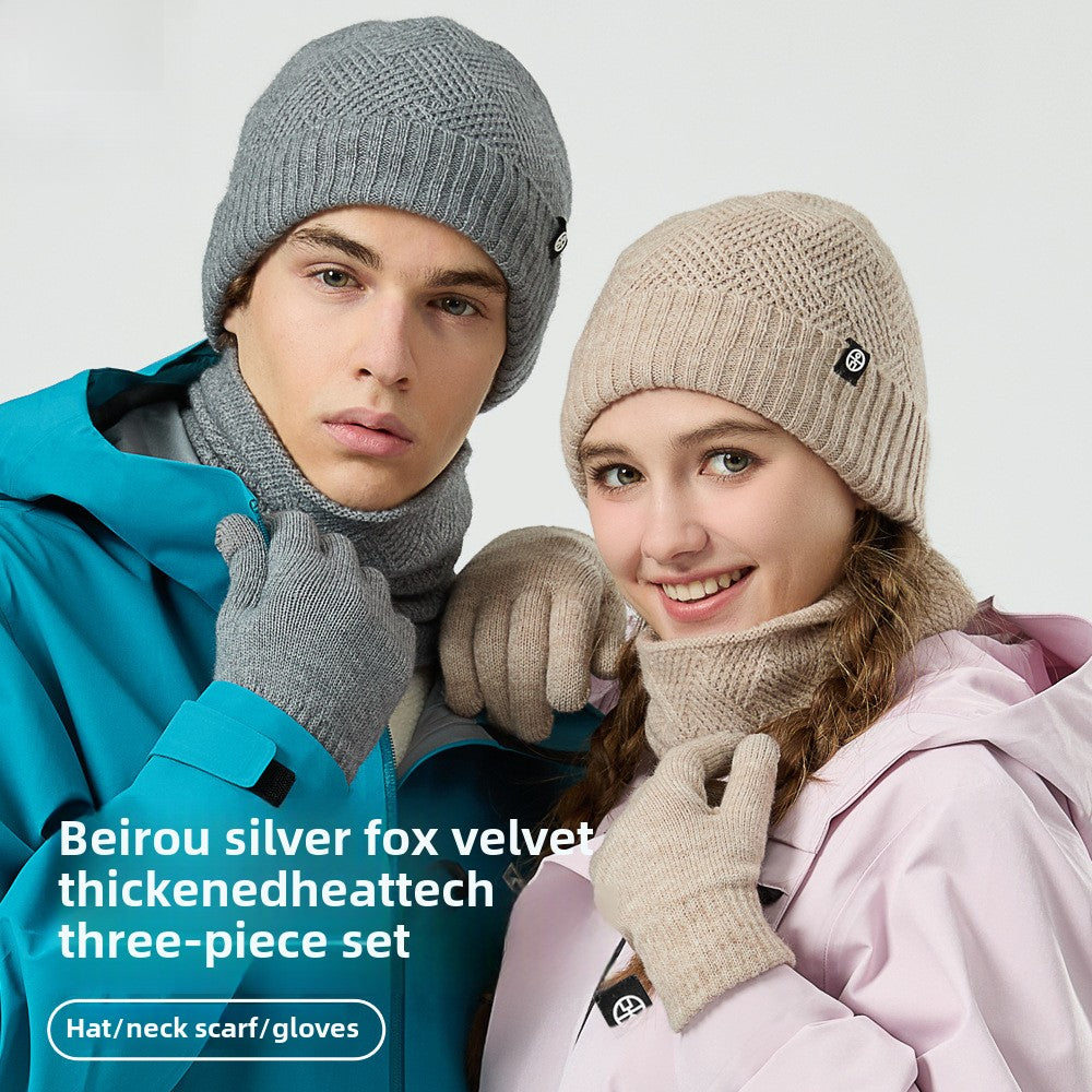 Winter neck warm three-piece hat, scarf and gloves three-piece knitted and fleece-thickened winterproof wool suit