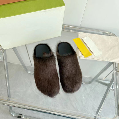 2024 New Couple Candy Color Internet Celebrity Same Style Fashion Closed-Toe Fur Slippers Women Flat Casual Horse Hair Half Slippers Men Shoes