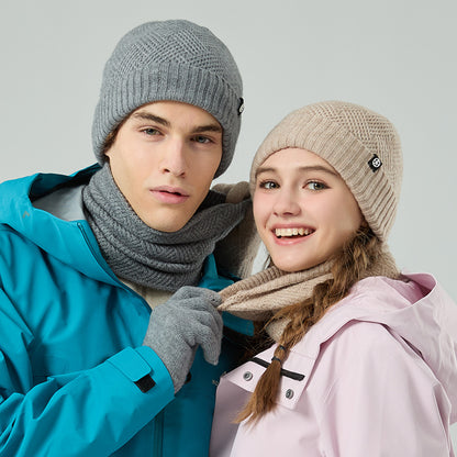 Winter neck warm three-piece hat, scarf and gloves three-piece knitted and fleece-thickened winterproof wool suit