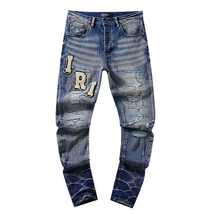 Jeans Washed and Distressed Retro Tattered Jeans Splash Ink Ruffle Handsome and Beautiful Style