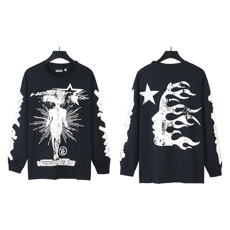 2025 Summer New American Fashion Brand Male and Female Couples Wear plus Size Loose Pullover Long Sleeve T-shirt Teenagers