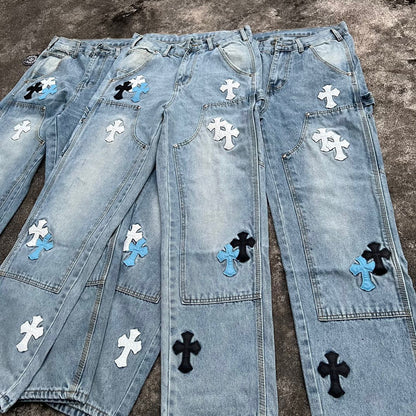 Top Heavy Industry Crafted CH Double Knee Cross Patch Leather B01 Version Logging Pants Straight Leg Sanskrit Workwear Pants High Street Jeans
