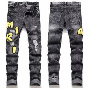 American Style Trendy Brand Jeans for Men with Patch Embroidery High Street Basic Ripped Skinny Fashion Casual Stretch Straight Long Pants