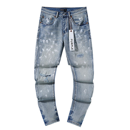 Jeans Washed and Distressed Retro Tattered Jeans Splash Ink Ruffle Handsome and Beautiful Style
