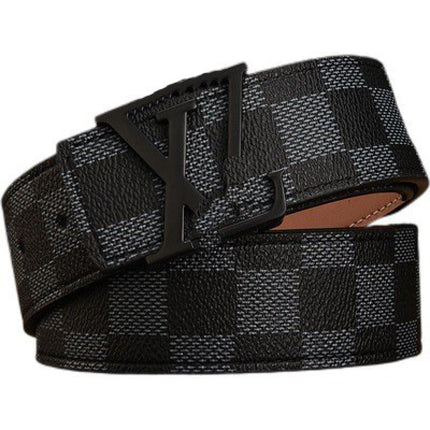 New Men's Belt Smooth Buckle Waist Belt Letter Youth Plaid Pattern Belt Korean Style Trendy Casual Versatile
