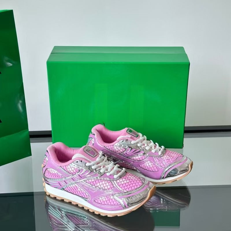 GMabcd New Casual Genuine Leather Mesh Patchwork Dad Shoes Versatile Fashion Couple Lace-up Sneakers