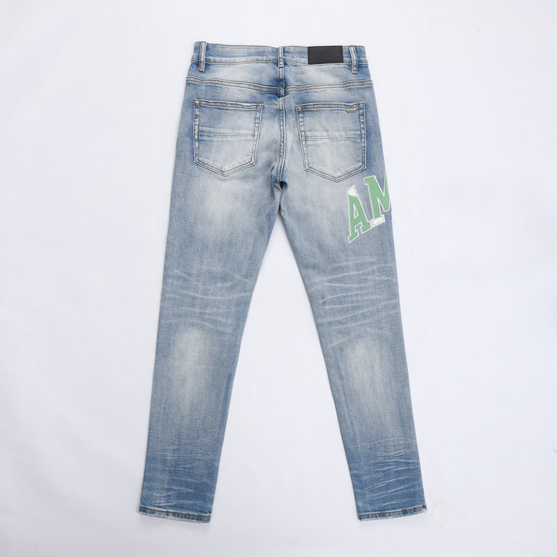 Fashion Street Style Men's Denim Shorts Summer Light Blue Trendy Brand Embroidered Patch Elastic Five-Point Denim Mid-Length Shorts
