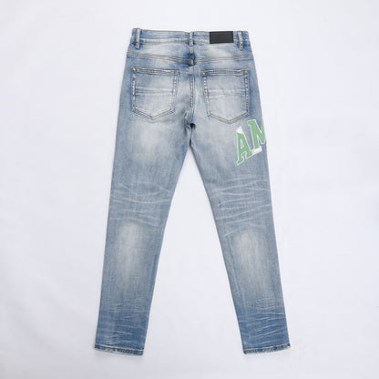 Fashion Street Style Men's Denim Shorts Summer Light Blue Trendy Brand Embroidered Patch Elastic Five-Point Denim Mid-Length Shorts