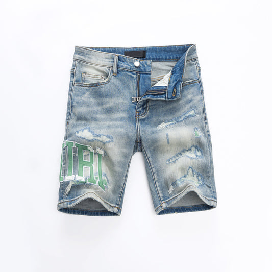 Fashion Street Style Men's Denim Shorts Summer Light Blue Trendy Brand Embroidered Patch Elastic Five-Point Denim Mid-Length Shorts