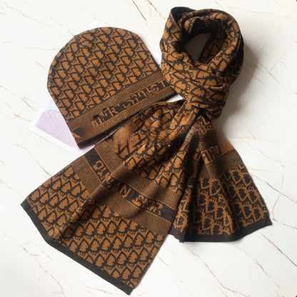 European and American Style Scarf Hat Two-Piece Suit Knitted Men's Wool Leather Tag Scarf Chess Plaid Warm Boys Scarf