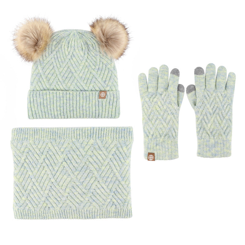 Children's Fur Ball Hat Scarf Gloves Three-Piece Set Winter Children Fleece-lined Thermal Knitting Suit