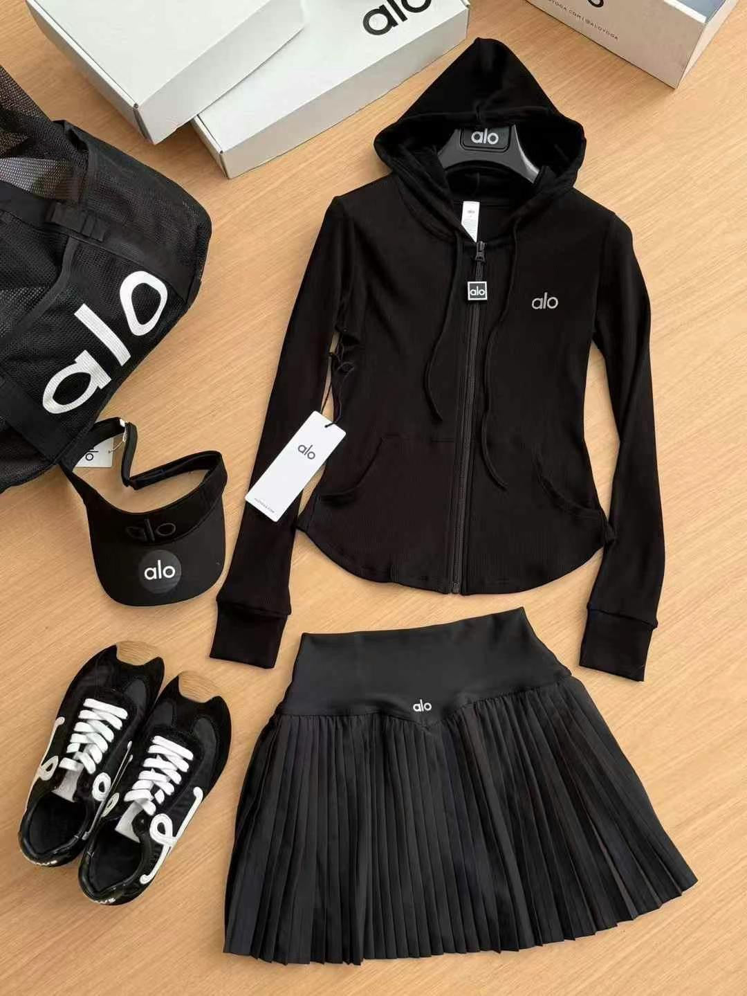 A-L High-Quality Hooded Zipper Jacket and Pleated Skirt Set Two-Piece Slim Fit Versatile Yoga Sports