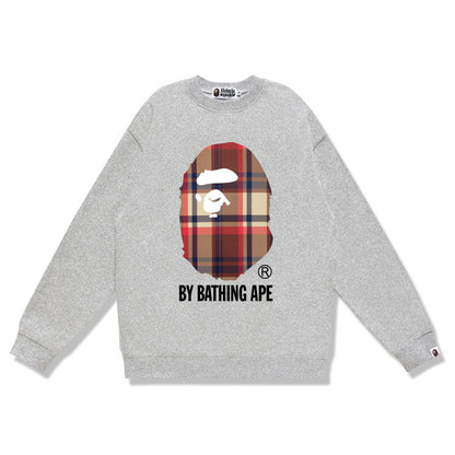 Terry Sweatshirt with Ape Man Letter Print, Unisex, Pure Cotton, Loose Fit, Thin, Crew Neck Pullover Top, Outerwear