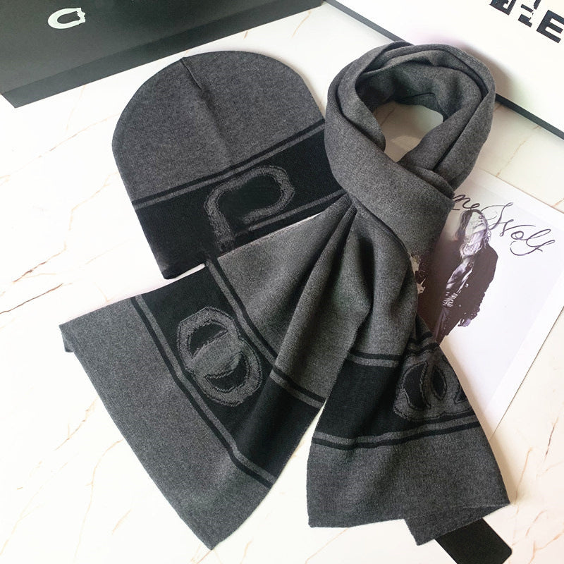 European and American Style Scarf Hat Two-Piece Suit Knitted Men's Wool Leather Tag Scarf Chess Plaid Warm Boys Scarf