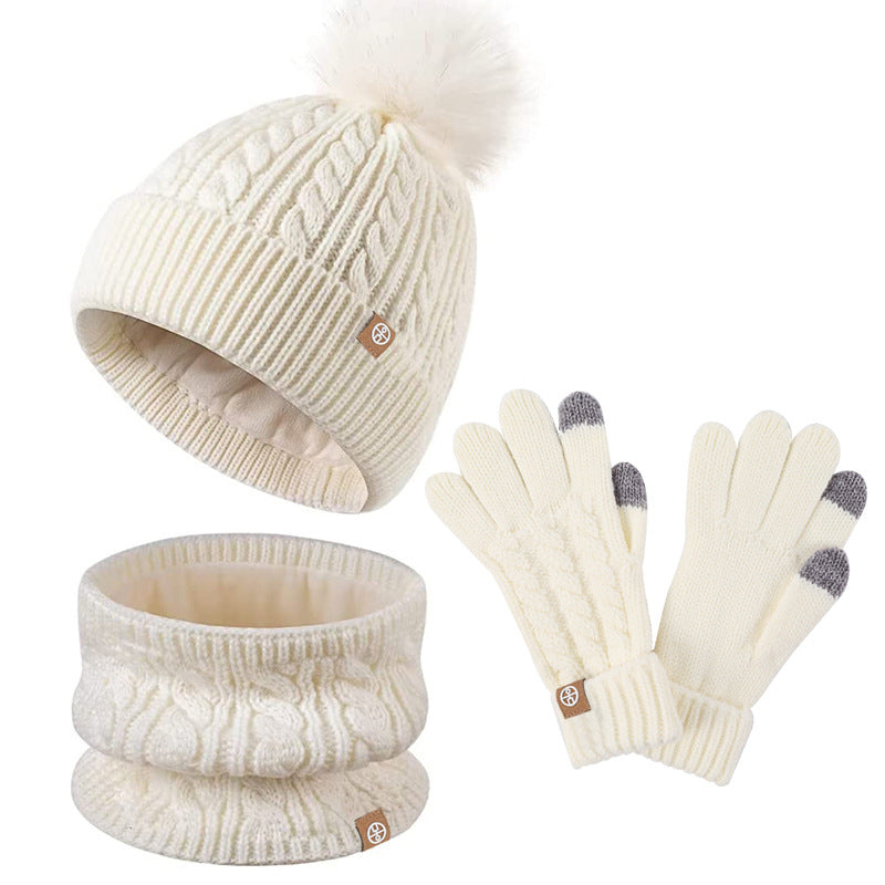 Children's Fur Ball Hat Scarf Gloves Three-Piece Set Winter Children Fleece-lined Thermal Knitting Suit