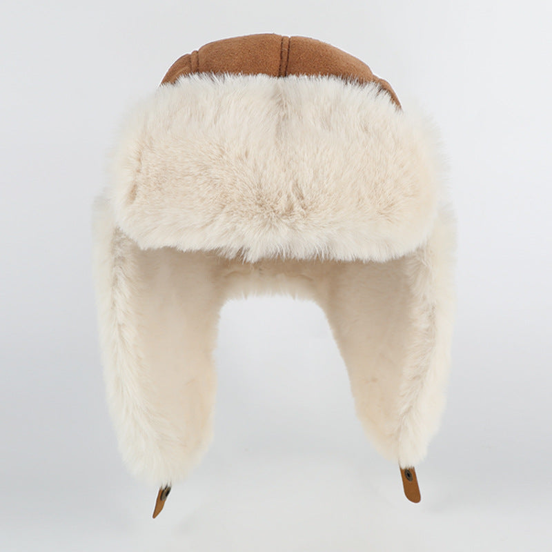 Autumn and Winter Suede Ushanka Plush Thickened Ears Protection Hat Warm Ski Cap Angora Gloves Outdoor Cold-Proof Suit