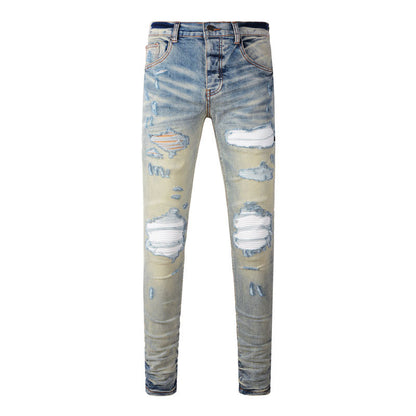 High Street Fashion Men's Jeans with Ripped Patches, Distressed Light Blue Slightly Stretchy Slim Fit Skinny Pants, Trendy Long Pants for Men