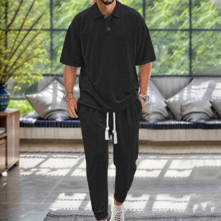 2025  Short-Sleeved Men's T-shirt Loose Leisure Suit Summer Simplicity Solid Color Jacquard Heavy T-shirt Trousers Suit