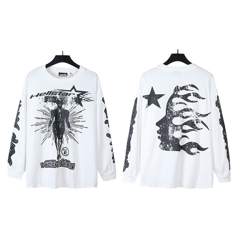 2025 Summer New American Fashion Brand Male and Female Couples Wear plus Size Loose Pullover Long Sleeve T-shirt Teenagers