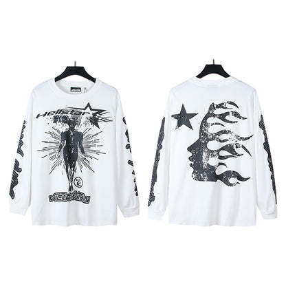 2025 Summer New American Fashion Brand Male and Female Couples Wear plus Size Loose Pullover Long Sleeve T-shirt Teenagers