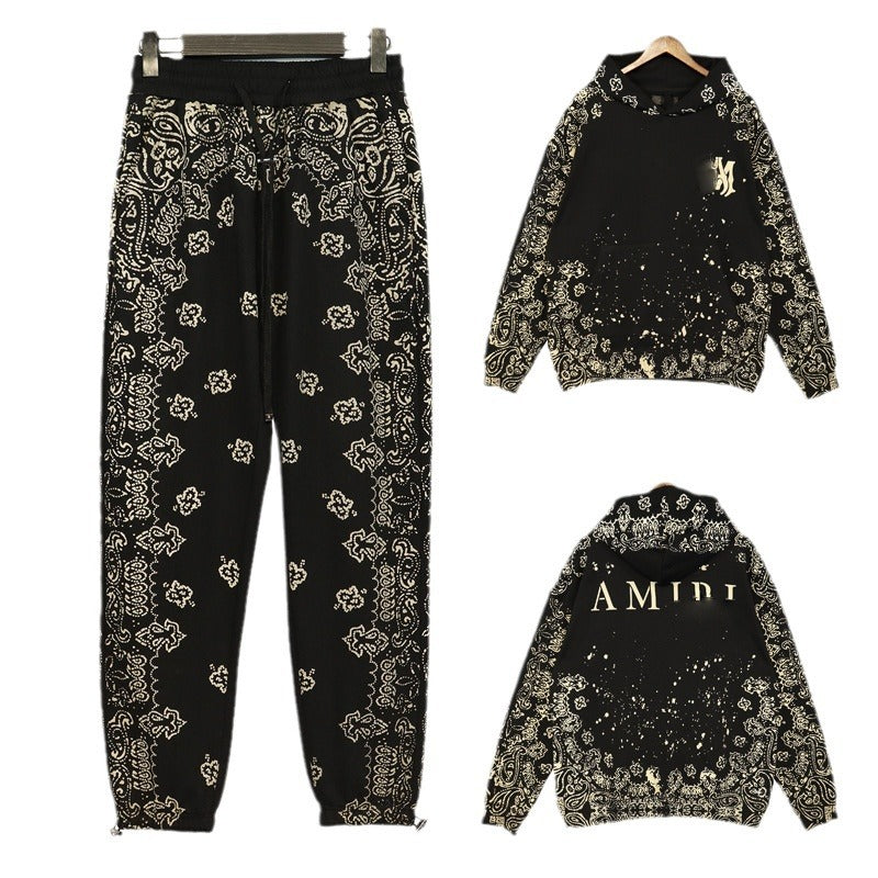 Hooded Sweatshirt Cashew Hoodie Floral Loose Pants Unisex Retro Sports Set Casual Pants Trend