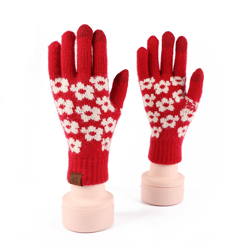 2024 Winter Popular Japanese Wool Knitted Plaid Gloves Fleece-lined Thickened Cycling Five-Finger Touch Screen Warm Gloves