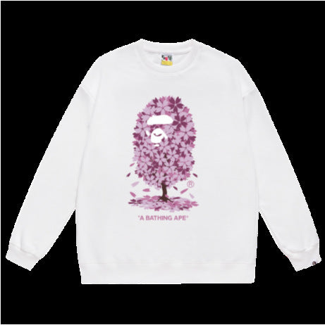 Terry Sweatshirt with Ape Man Letter Print, Unisex, Pure Cotton, Loose Fit, Thin, Crew Neck Pullover Top, Outerwear