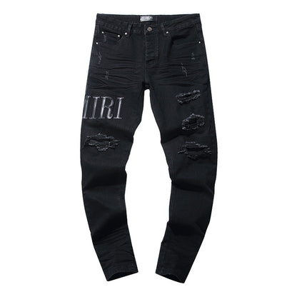 Jeans Washed and Distressed Retro Tattered Jeans Splash Ink Ruffle Handsome and Beautiful Style