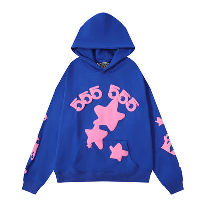 Beautiful Fashion Brand Men's and Women's Same Style 555555 Cobweb Puff Print Hip Hop Loose Heavy Terry Hooded Sweater Set