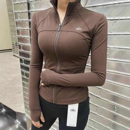 A-L-O Yoga Yoga Wear Stand Collar Sports Jacket Women Slimming Versatile Fitness Wear Stretchy Tight Long Sleeve