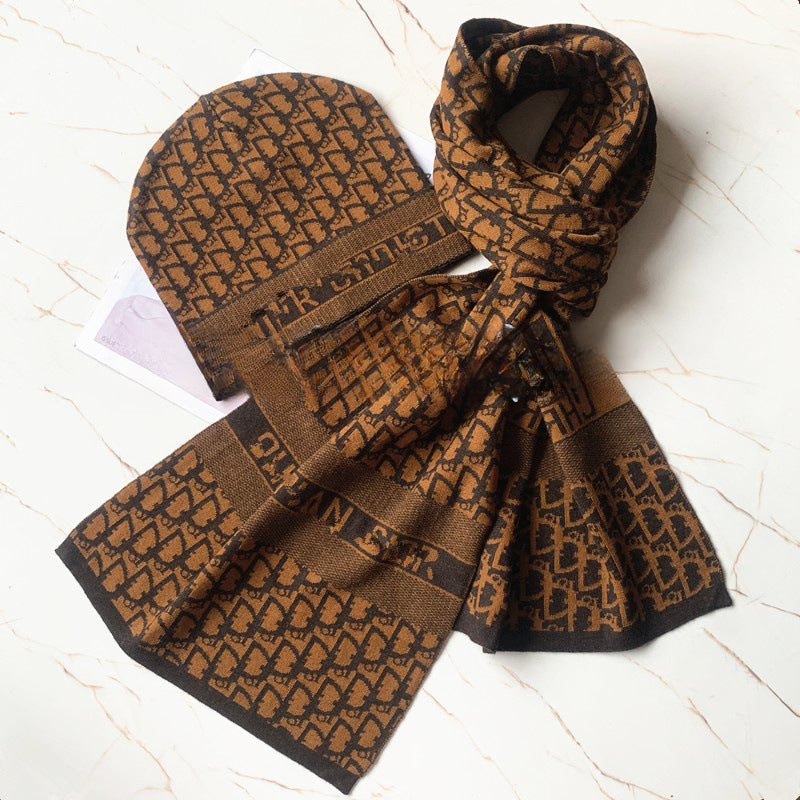 European and American Style Scarf Hat Two-Piece Suit Knitted Men's Wool Leather Tag Scarf Chess Plaid Warm Boys Scarf