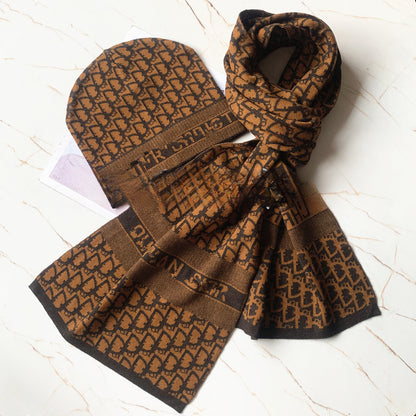 European and American Style Scarf Hat Two-Piece Suit Knitted Men's Wool Leather Tag Scarf Chess Plaid Warm Boys Scarf
