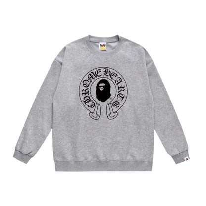 Terry Sweatshirt with Ape Man Letter Print, Unisex, Pure Cotton, Loose Fit, Thin, Crew Neck Pullover Top, Outerwear
