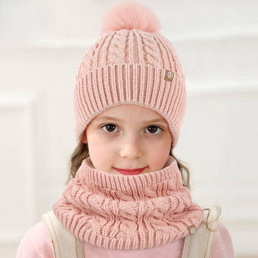 Children's Fur Ball Hat Scarf Gloves Three-Piece Set Winter Children Fleece-lined Thermal Knitting Suit