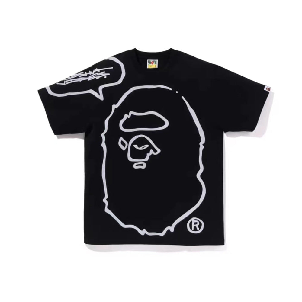 Streetwear Brand Short Sleeve Men's Line Print Graffiti Street Hip Hop Loose Simple Pure Cotton T-Shirt Half Sleeve Shirt