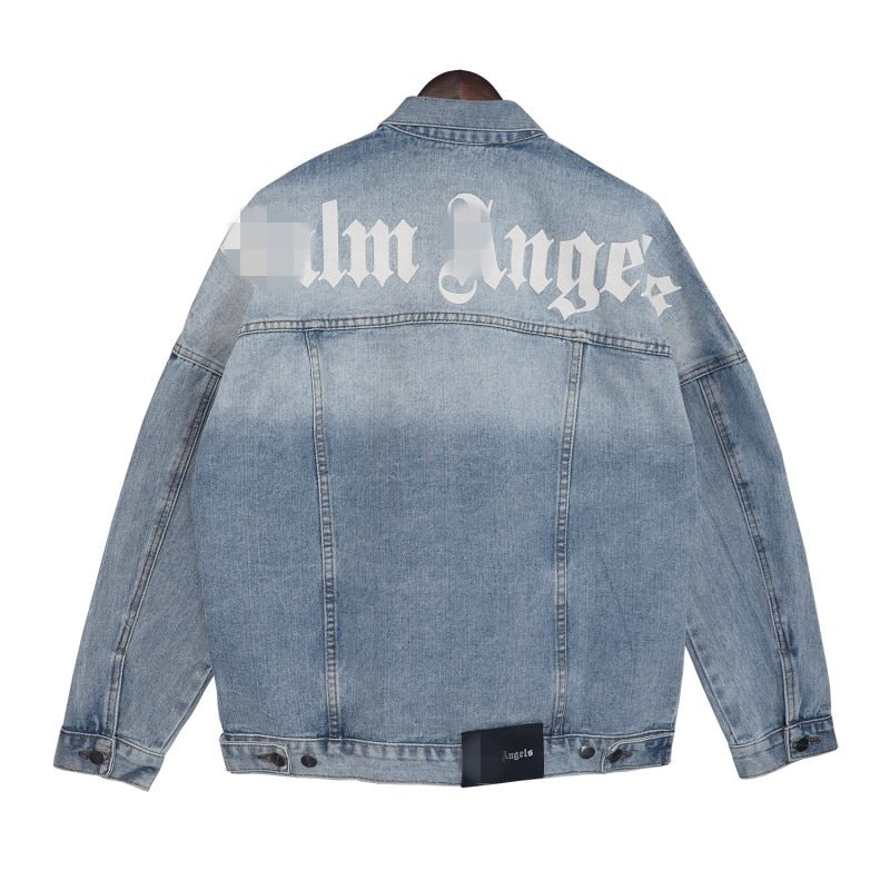 PA Trendy Brand Denim Jacket with Large Letter Logo and Palm Tree Design for Couples