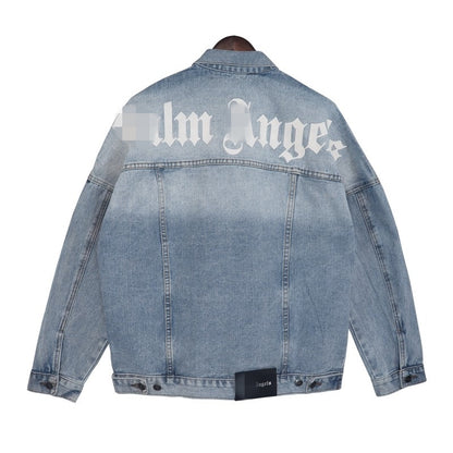 PA Trendy Brand Denim Jacket with Large Letter Logo and Palm Tree Design for Couples