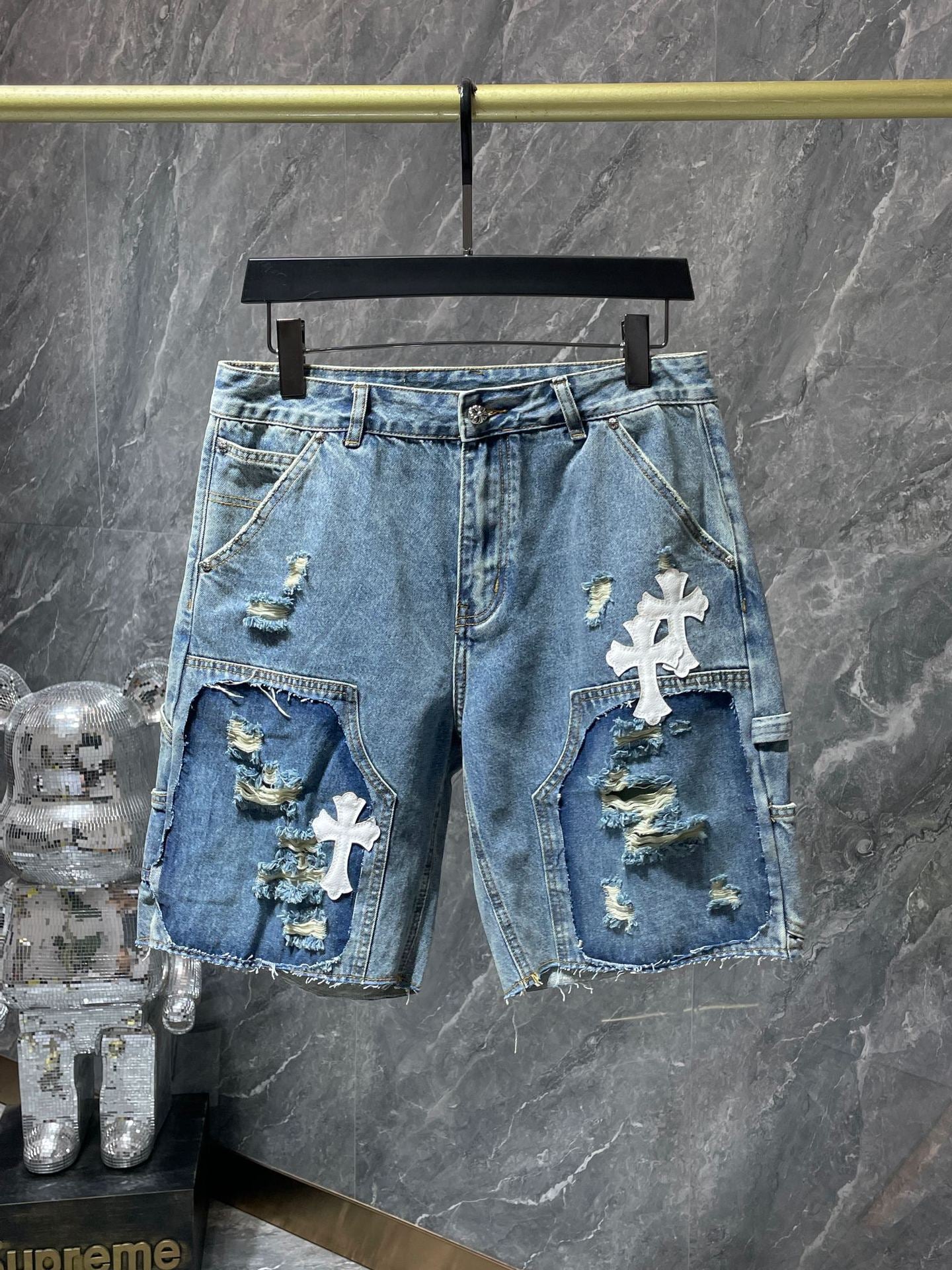24ss Ch Heavy Industry Cross Patch Denim Shorts Couple Shorts
