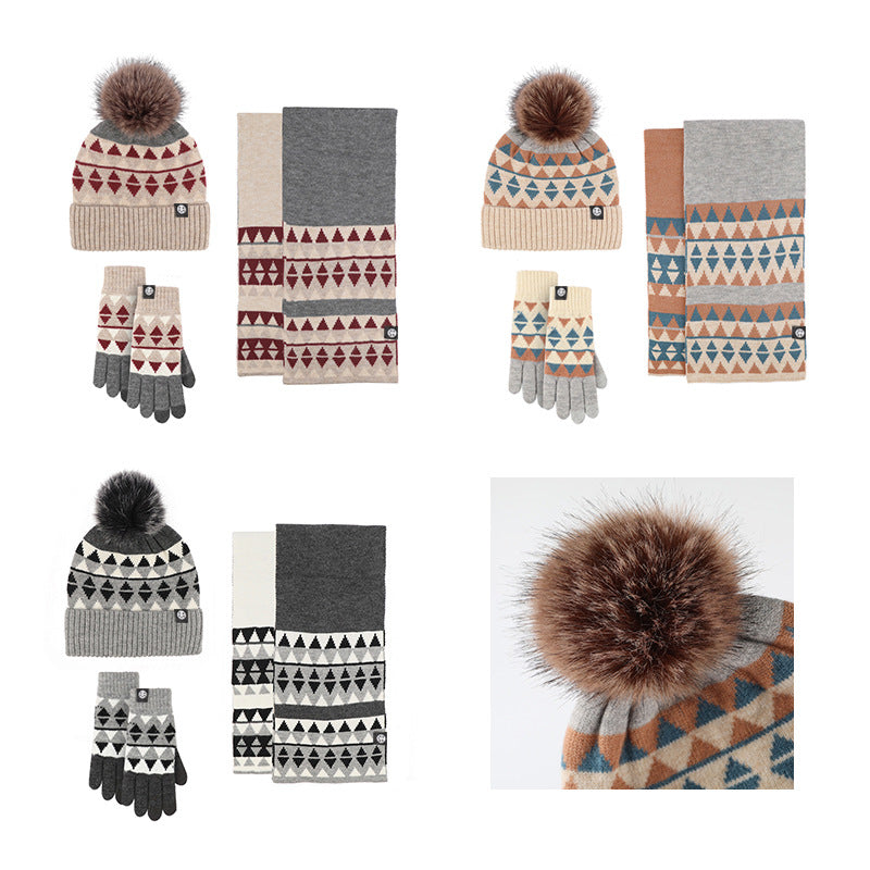 Winter New Japanese Style Knitting Gloves Scarf Hat Three-Piece Set Wool Warm Cold-Proof Fur Ball Scarf Three-Piece Set