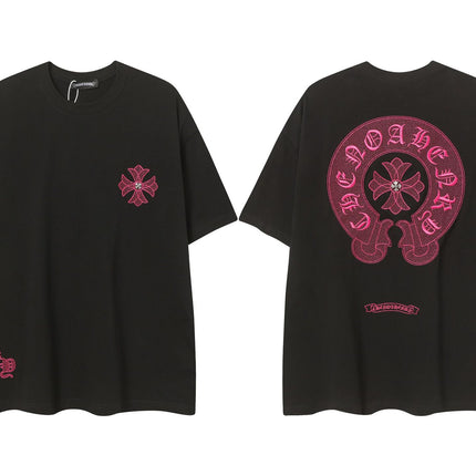 2025 New CHRM Heart Cross Sanskrit Patch Print Embroidery Loose Short Sleeve for Men and Women