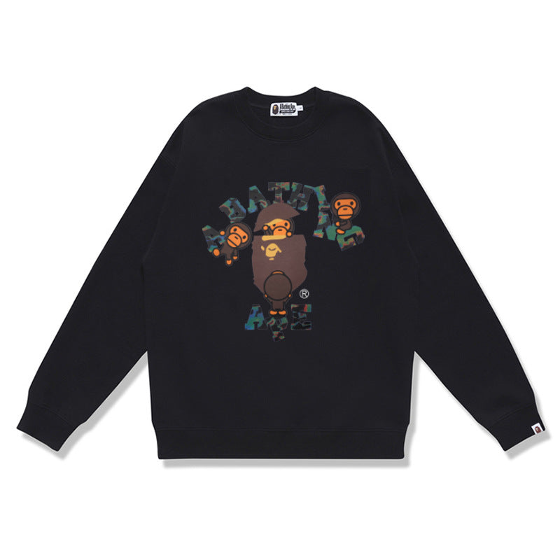 Terry Sweatshirt with Ape Man Letter Print, Unisex, Pure Cotton, Loose Fit, Thin, Crew Neck Pullover Top, Outerwear
