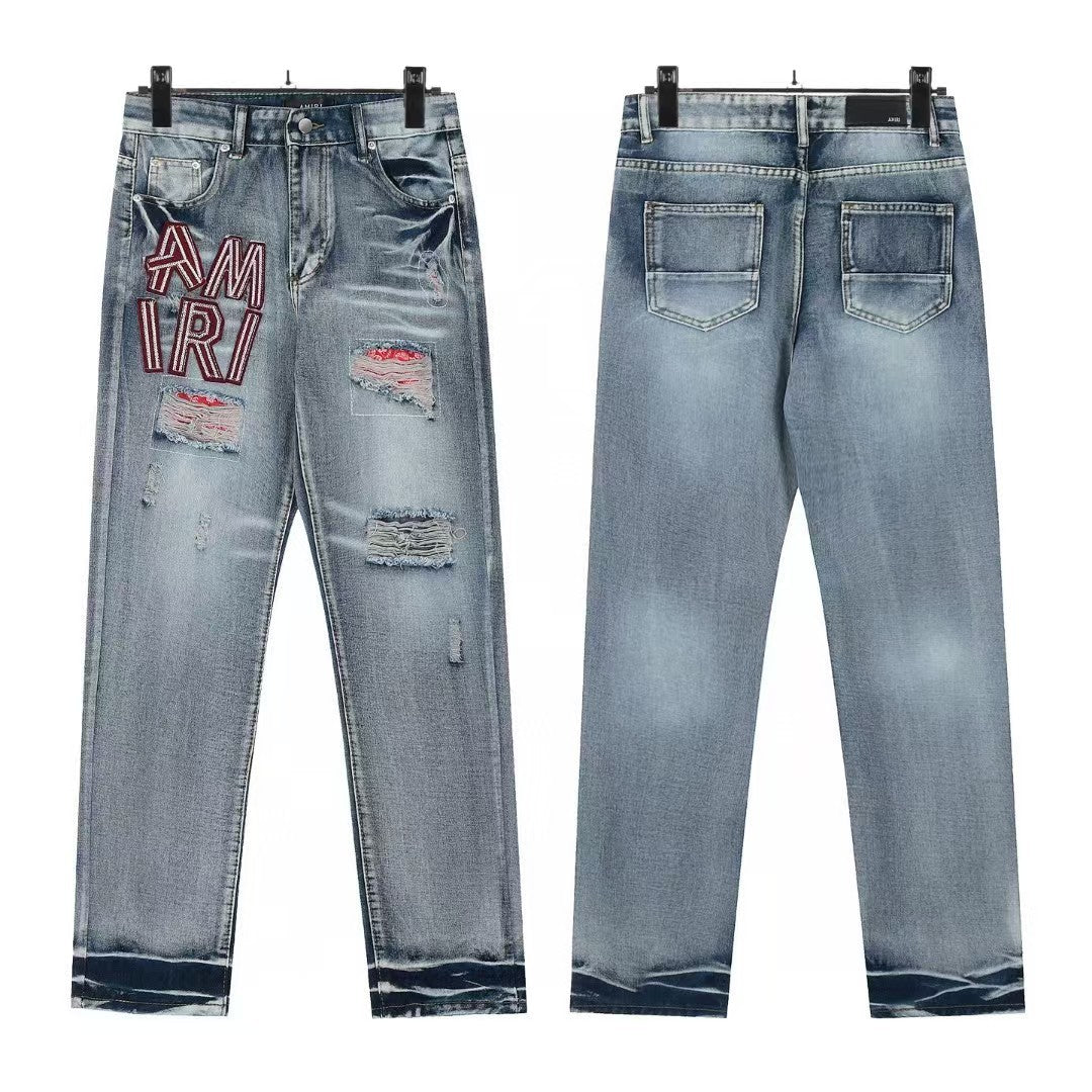 Cross-Border Foreign Trade AM American High Street Ripped Patch Letter Embroidery Washed Slim Straight Skinny Jeans Long Pants