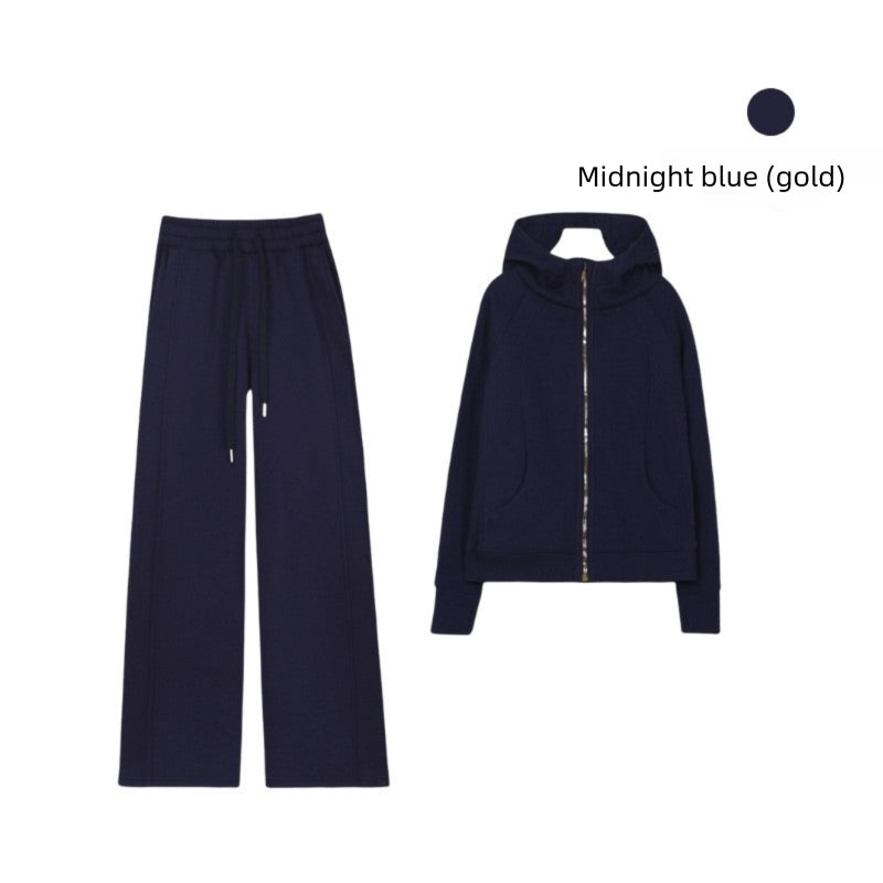 LULU Embroidered Hooded Zipper Cardigan Slim Fit Sweatshirt Set Fleece Lined Full Zipper Cardigan Jacket Gold Label