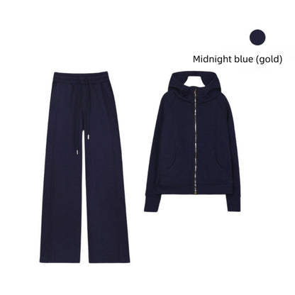 LULU Embroidered Hooded Zipper Cardigan Slim Fit Sweatshirt Set Fleece Lined Full Zipper Cardigan Jacket Gold Label