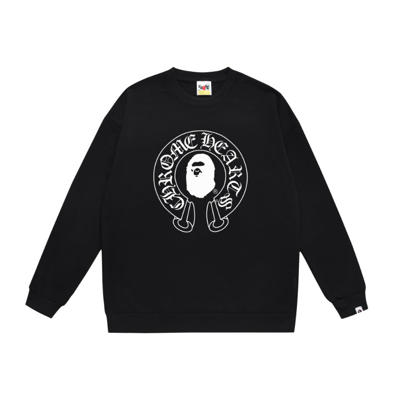 Terry Sweatshirt with Ape Man Letter Print, Unisex, Pure Cotton, Loose Fit, Thin, Crew Neck Pullover Top, Outerwear