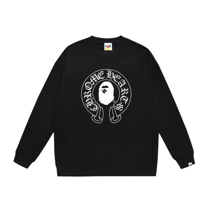 Terry Sweatshirt with Ape Man Letter Print, Unisex, Pure Cotton, Loose Fit, Thin, Crew Neck Pullover Top, Outerwear