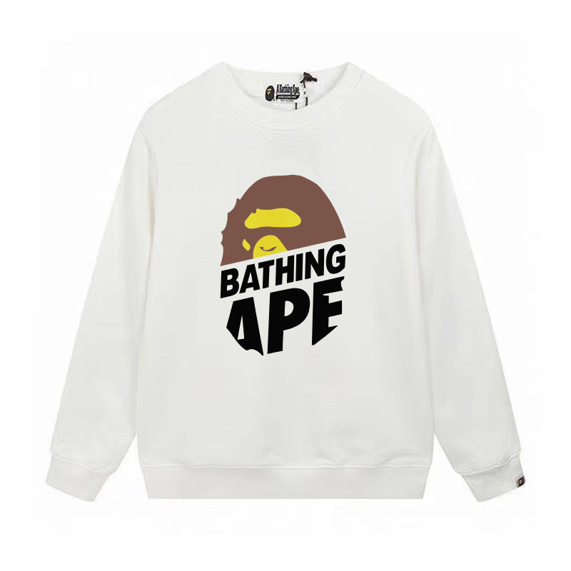 Terry Sweatshirt with Ape Man Letter Print, Unisex, Pure Cotton, Loose Fit, Thin, Crew Neck Pullover Top, Outerwear