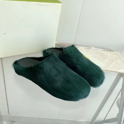2024 New Couple Candy Color Internet Celebrity Same Style Fashion Closed-Toe Fur Slippers Women Flat Casual Horse Hair Half Slippers Men Shoes