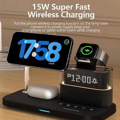 5-in-1 Wireless Charger for Smartphone, Wireless Multifunctional Charger with Clock, Magnetic Electronic Digital Wireless Charger Stand for iPhone 15/14/13/12, Apple Watch Series & Airpods, Mobile Phone Charging Accessories