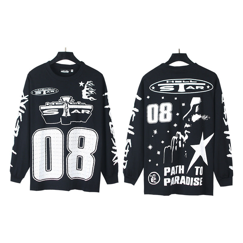 2025 Summer New American Fashion Brand Male and Female Couples Wear plus Size Loose Pullover Long Sleeve T-shirt Teenagers